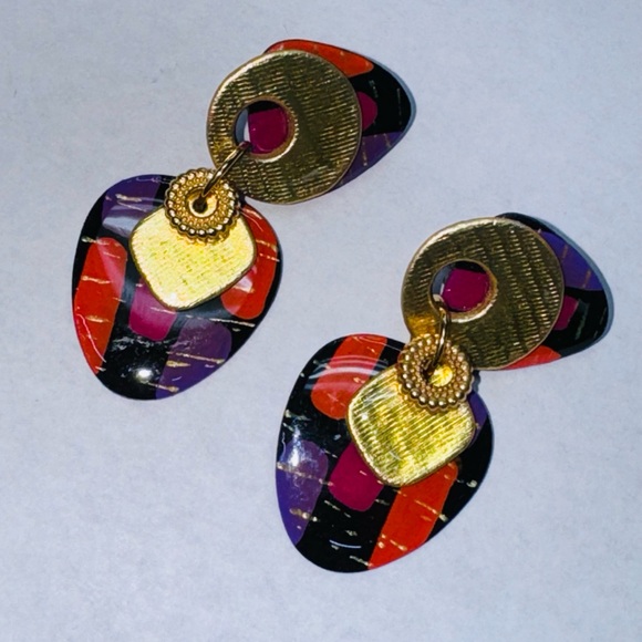 MAM VINTAGE CLIP EARRINGS 80s TEARDROP WITH GOLDEN ACCENTS UNIQUE MADE IN DALLAS - Picture 6 of 7